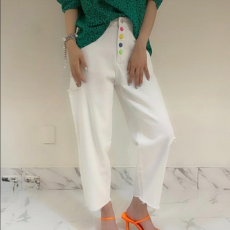 批发现  <b class='q'>糖果</b>色纽扣设计破洞高腰修身休闲牛仔长<b class='q'>裤</b>