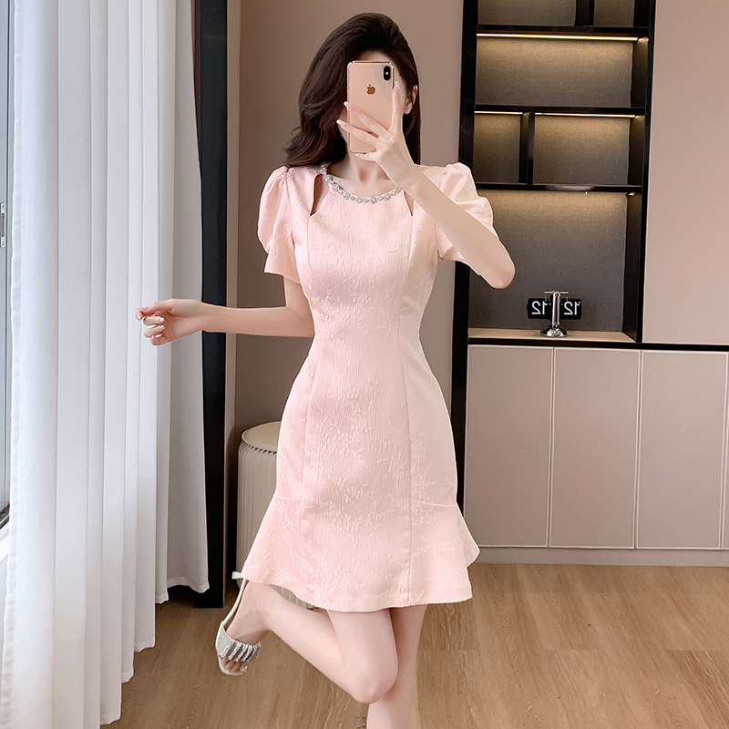 PF13025#夏季新款独特玫粉色连衣裙修身显瘦高端精致中长裙女