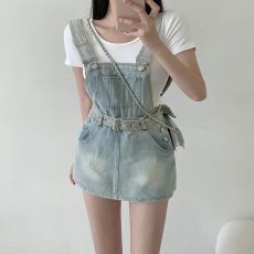 批发已出货韩国chic复古浅色牛仔<b class='q'>背带</b>裙女新款高腰遮胯减龄显瘦连衣裙