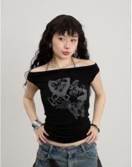 Achihara布爾上衣女一字肩白色2024新款黑色夏季毛織盪領背心