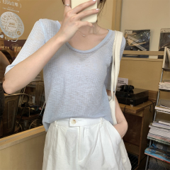 實拍 夏季韓版寬鬆氣質u領百搭竹節麻薄款顯瘦針織短袖上衣