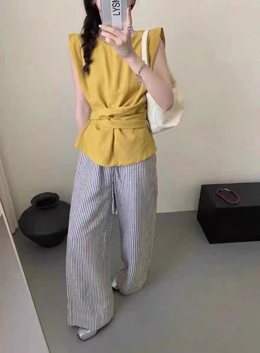 韓系氣質麻料無袖襯衣女2024年夏季新款設計感蝴蝶結顯瘦背心上衣