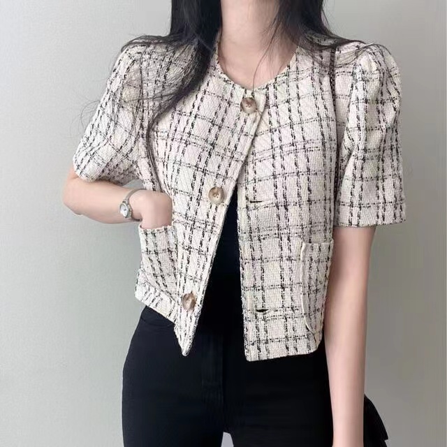 High quality Gary lining Korean chic retro round neck double pocket loose casual tweed jacket