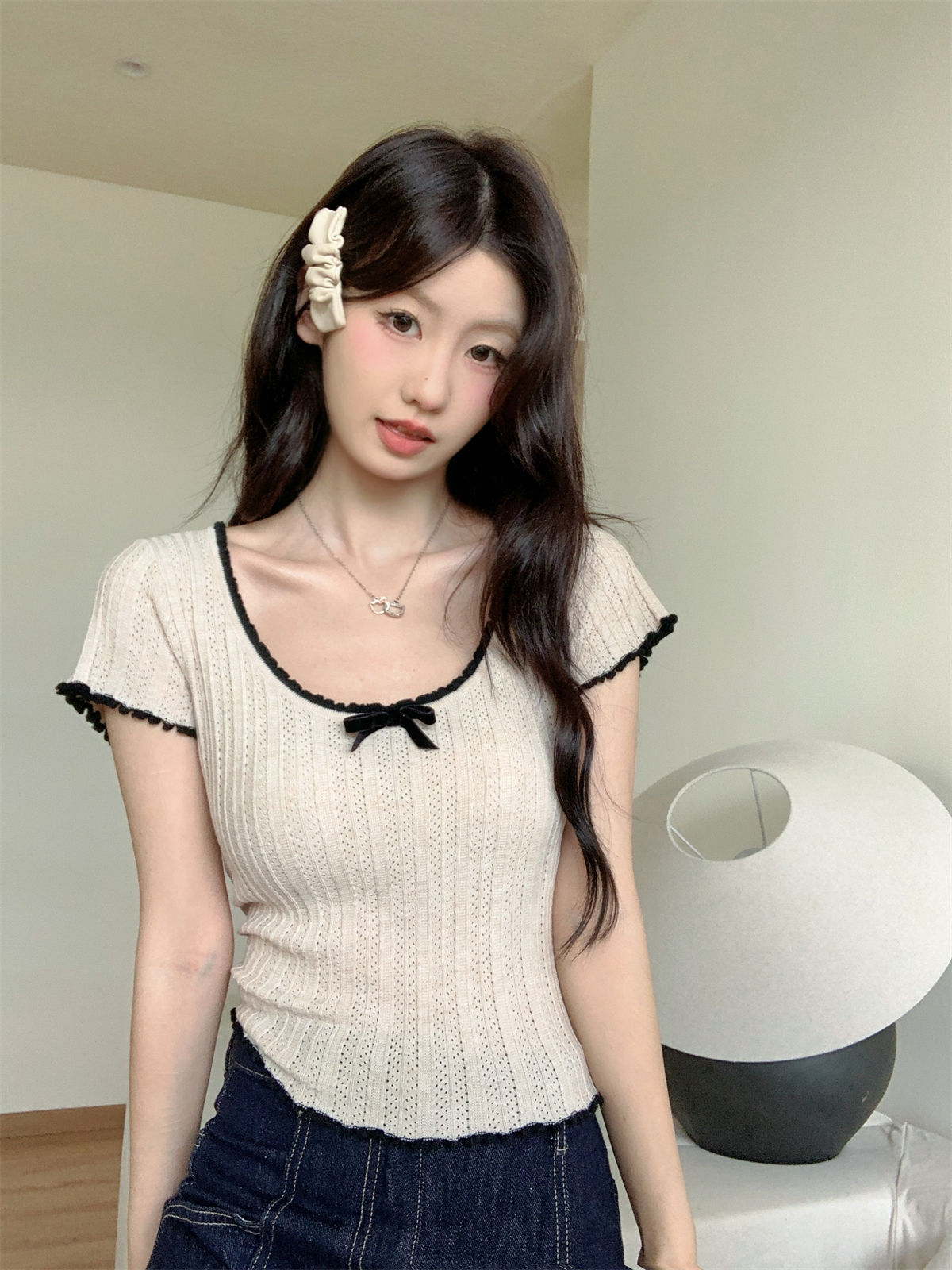 Real shot summer Korean version pure desire color collision anti-aging bow knot lace 6 wool light thin knitting short-sleeved top 