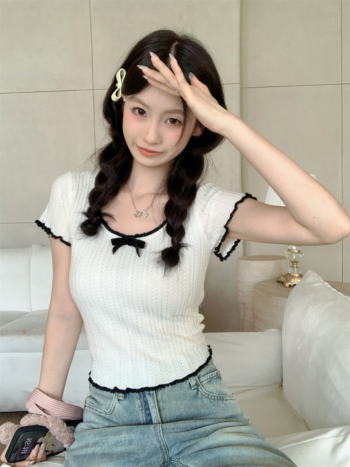Summer Korean Style Pure Desire Round Neck Color Block Butterfly Knot Lining 6 Wool Lightweight Knit Short Sleeve Top