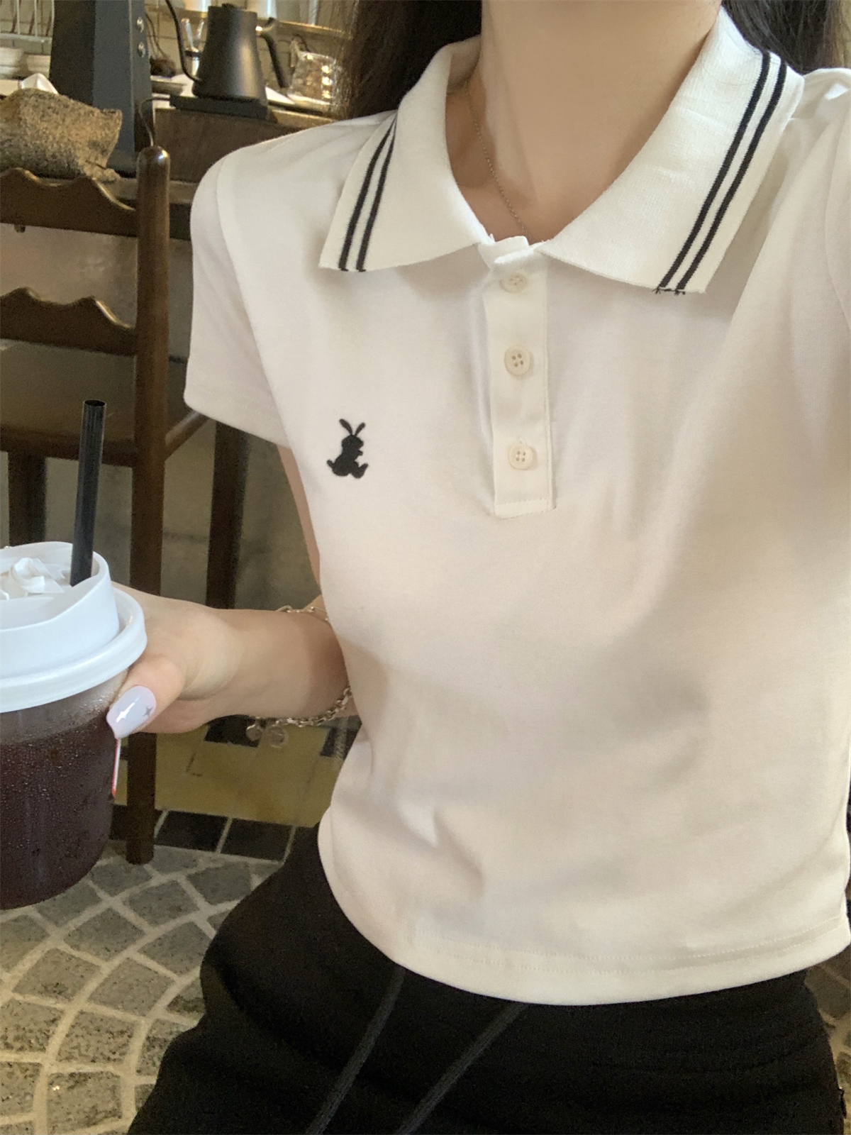 實拍 夏季韓版正肩polo紐扣學院減齡刺繡兔子純棉短袖T恤上衣