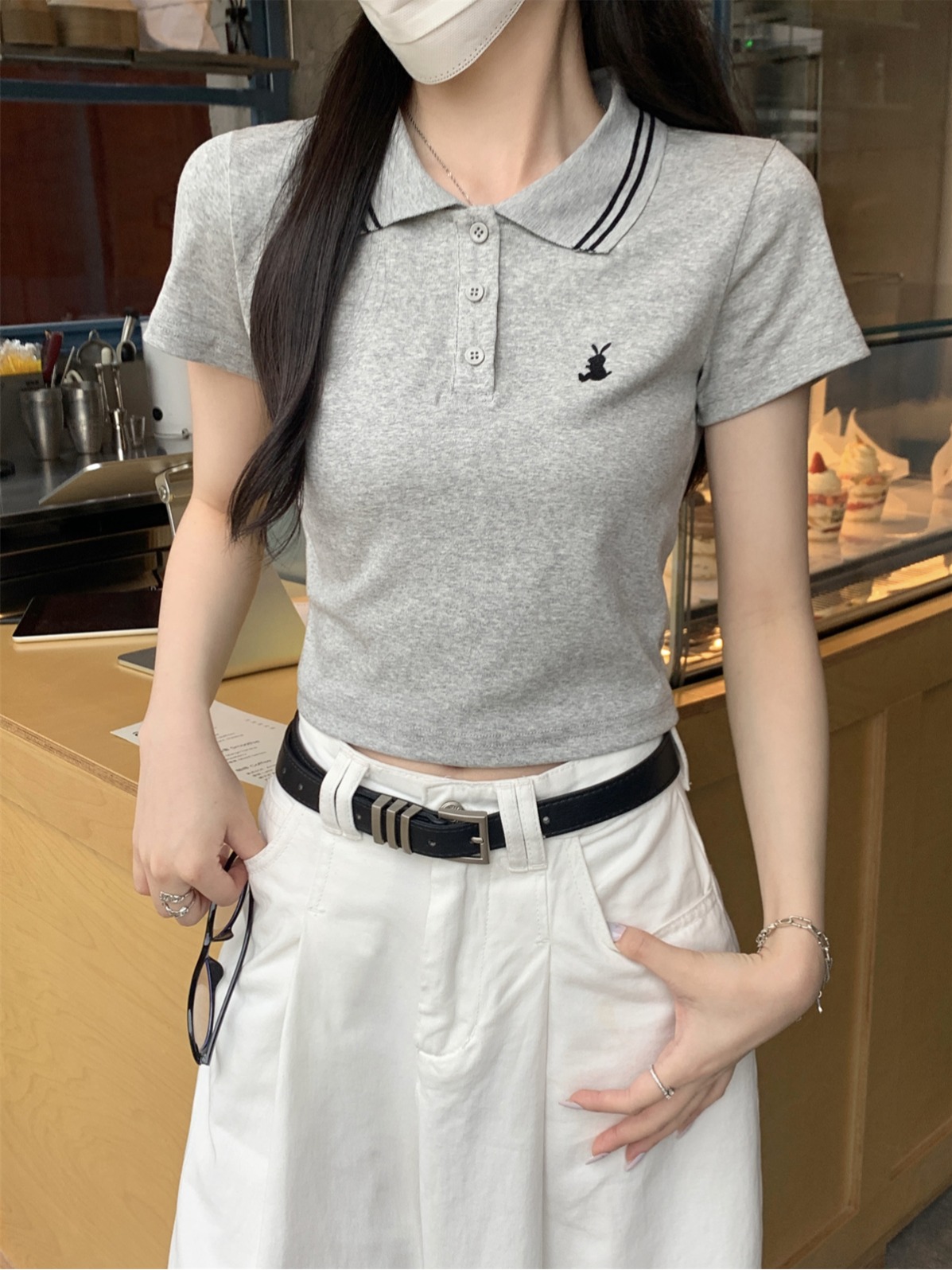 實拍 夏季韓版正肩polo領紐扣設計感學院減齡純棉短袖T恤上衣