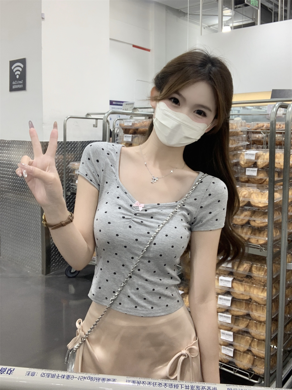 實拍 夏季韓版純欲方領波點印花設計感短款純棉短袖上衣T恤