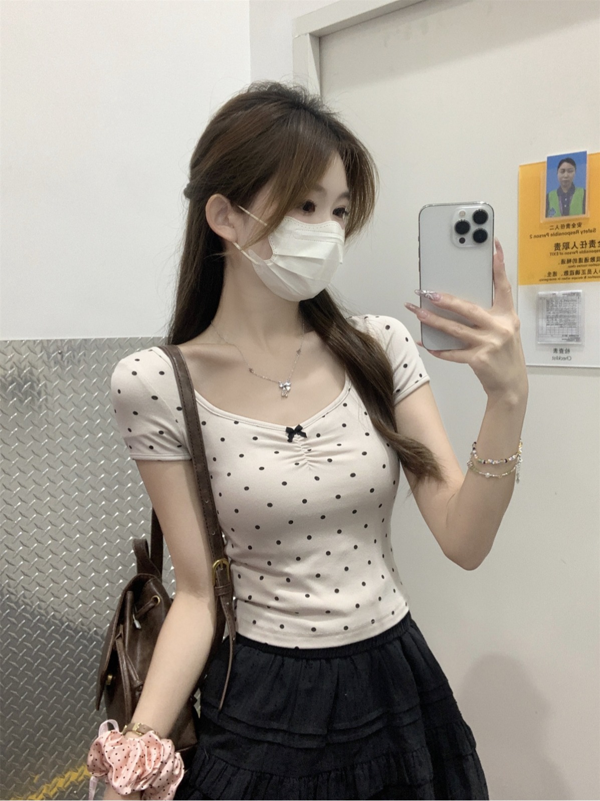 實拍 夏季韓版純欲修身方領波點減齡百搭短款純棉短袖上衣T恤