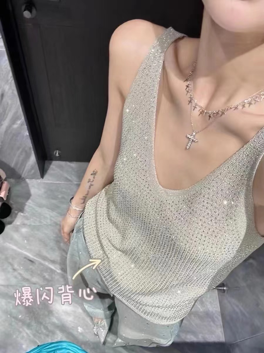 復古灰色重工鑲鑽寬鬆針織小吊帶女夏季新款辣妹氣質百搭短款上衣