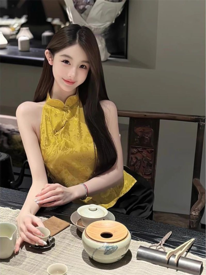 新中式國風盤扣背心女夏季新款時尚名媛氣質絕美小眾設計露肩上衣