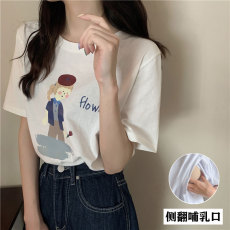 批发现货 夏季<b class='q'>哺乳</b><b class='q'>纯棉</b>短袖圆领印花T恤产后辣妈外出百搭显瘦喂奶<b class='q'>上衣</b>