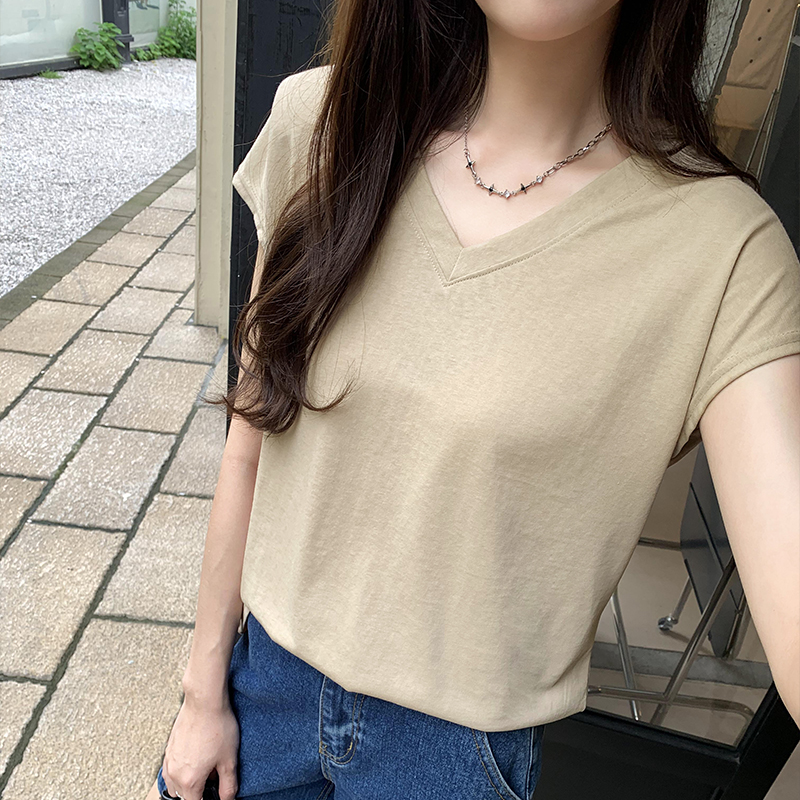 Real photos of summer Hong Kong style fashionable dropped shoulder sleeves and shoulder pads V-neck cool cotton short-sleeved T-shirt ins loose slimming top