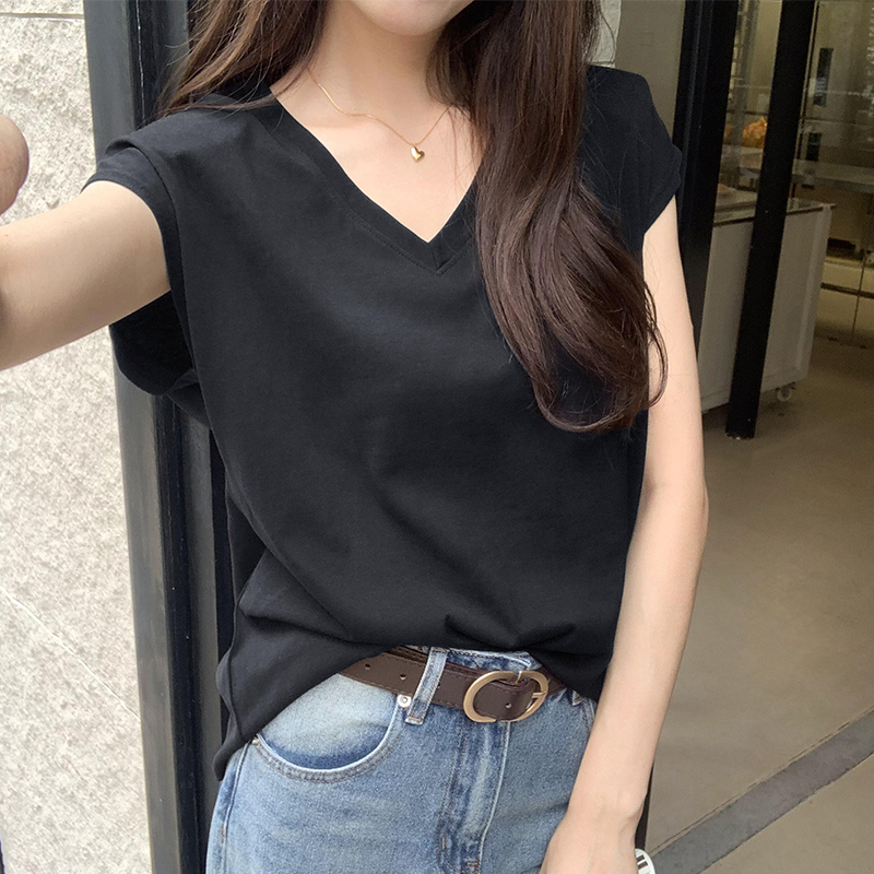 Real photos of summer Hong Kong style fashionable dropped shoulder sleeves and shoulder pads V-neck cool cotton short-sleeved T-shirt ins loose slimming top