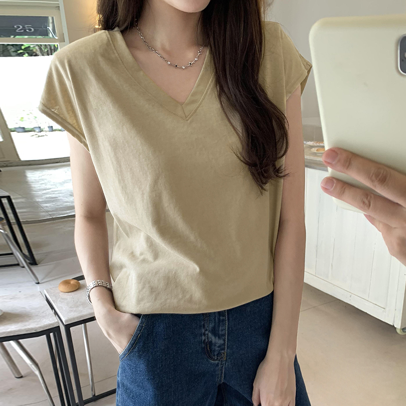 Real photos of summer Hong Kong style fashionable dropped shoulder sleeves and shoulder pads V-neck cool cotton short-sleeved T-shirt ins loose slimming top