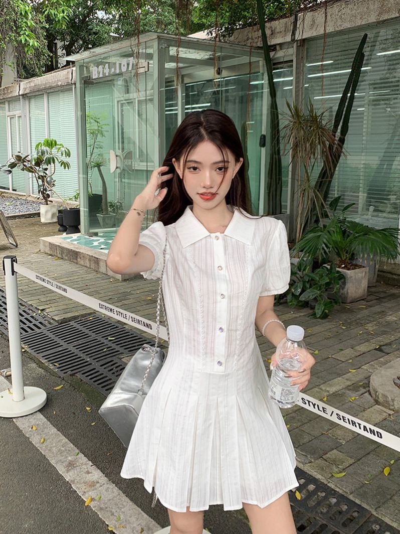 Lined 2024 new college style lapel white dress women's A-line skirt summer sweet slimming skirt