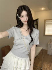 實拍 夏季韓版v領交叉蕾絲拼接氣質百搭針織短袖上衣