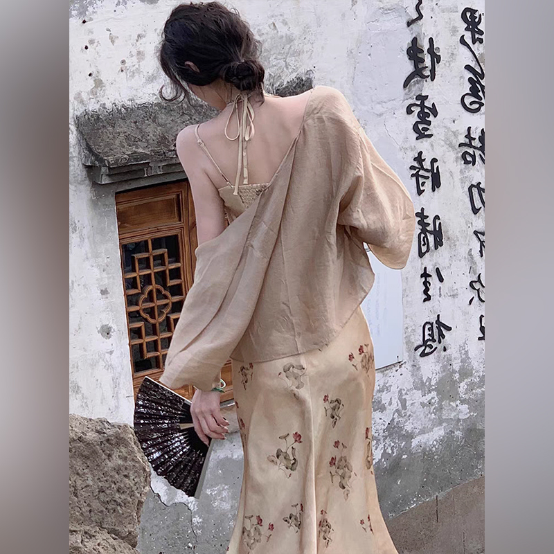 New Chinese style chiffon sun protection cardigan for women in summer with suspender skirt, thin style, small shawl blouse jacket