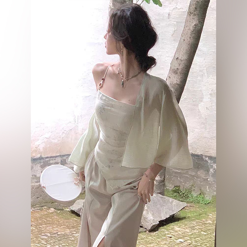 New Chinese style chiffon sun protection cardigan for women in summer with suspender skirt, thin style, small shawl blouse jacket