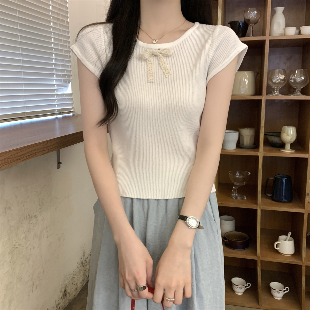 實拍 夏季韓版修身甜美百搭蝴蝶結裝飾純色針織短袖上衣女