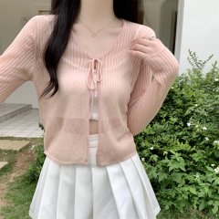 實拍 夏季韓版百搭v領系帶開衫天絲亞麻輕薄防曬針織上衣外搭