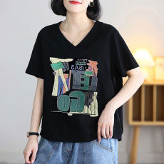 批发夏季新款纯棉短袖t恤女士2026宽松百搭体恤气质减龄V领上衣<b class='q'>妈妈装</b>