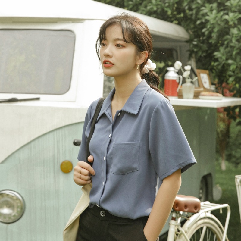 실사 2026 새로운 반팔 맨위 여름 새로운 소녀 센스 셔츠 디자인 센스 작은 대중 주머니 셔츠