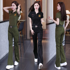 批发时尚<b class='q'>迷彩服</b>女短袖<b class='q'>套装</b>夏季新款工装直筒长裤运动减龄微喇裤两件套