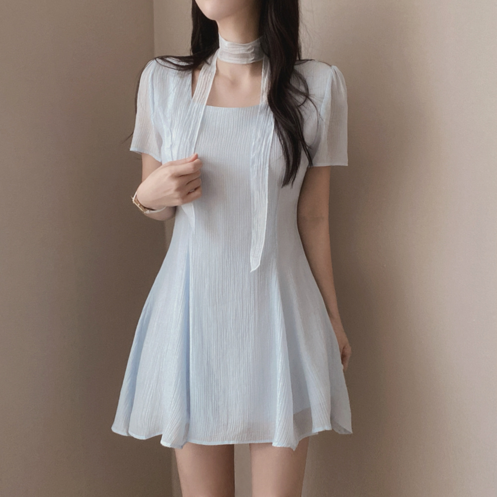 Korean chic French style square neck ribbon texture casual slimming short-sleeved dress