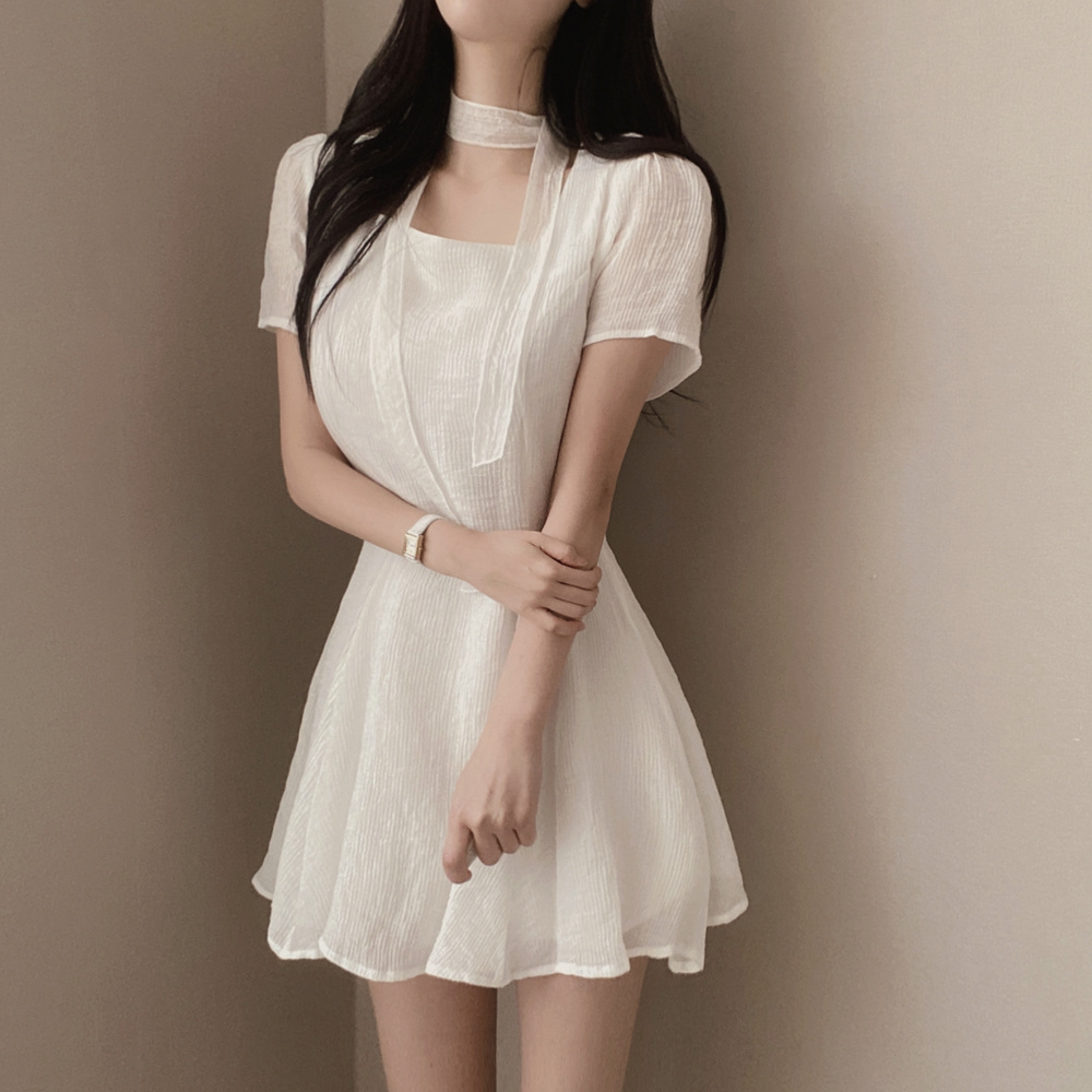 Korean chic French style square neck ribbon texture casual slimming short-sleeved dress