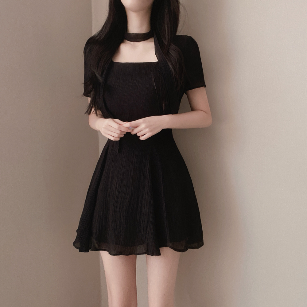 Korean chic French style square neck ribbon texture casual slimming short-sleeved dress