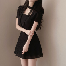 批发有货 韩国chic法式气质方领飘带肌理感休闲显瘦小个子短袖连衣裙