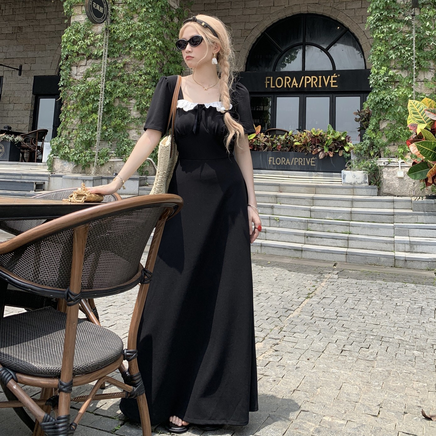 MY16233# 大码加长法式赫本风方领拼接黑色连衣裙夏新款气质淑女脚踝长...