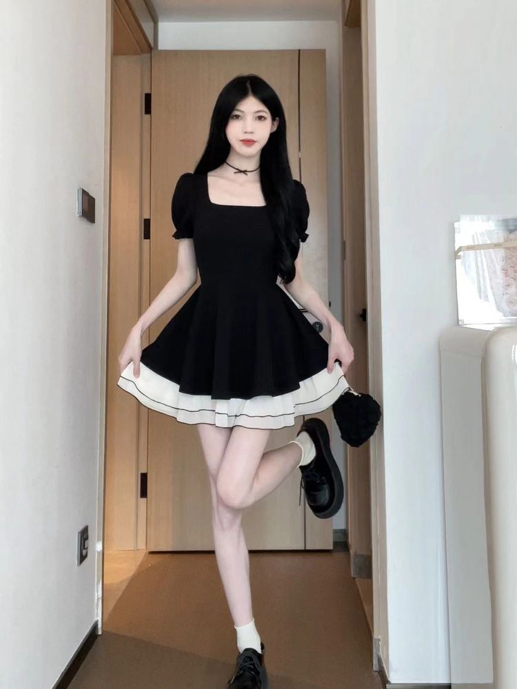 2024 Black Swan Contrast Color Short Sleeve Skirt Little Black Skirt Slim A-Line Dress Hepburn Style Elastic Waist Skirt