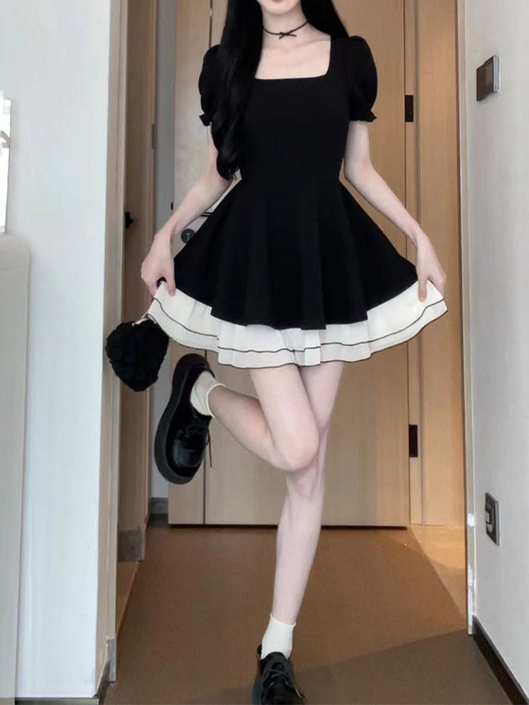 2024 Black Swan Contrast Color Short Sleeve Skirt Little Black Skirt Slim A-Line Dress Hepburn Style Elastic Waist Skirt