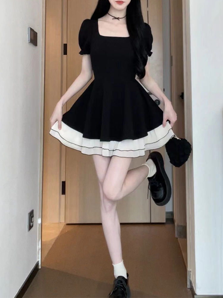 2024 Black Swan Contrast Color Short Sleeve Skirt Little Black Skirt Slim A-Line Dress Hepburn Style Elastic Waist Skirt