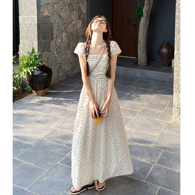 French style small flying sleeves polka dot dress summer femininity slim niche design new light luxury commuting