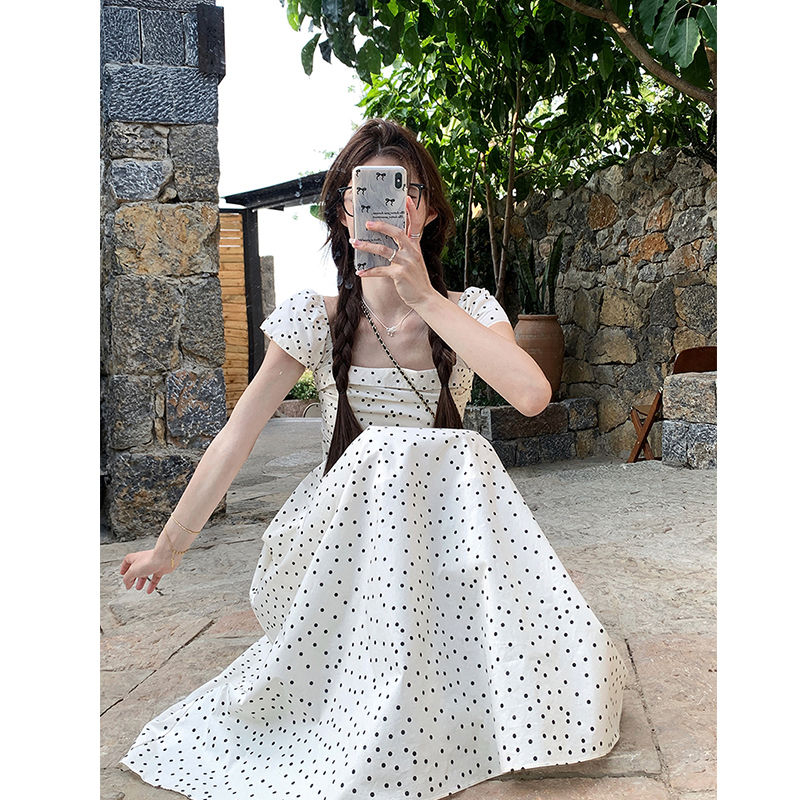 French style small flying sleeves polka dot dress summer femininity slim niche design new light luxury commuting