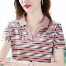 批发纯棉条纹短袖t恤女夏2024新款宽松韩版翻领体恤洋气妈妈休闲上衣