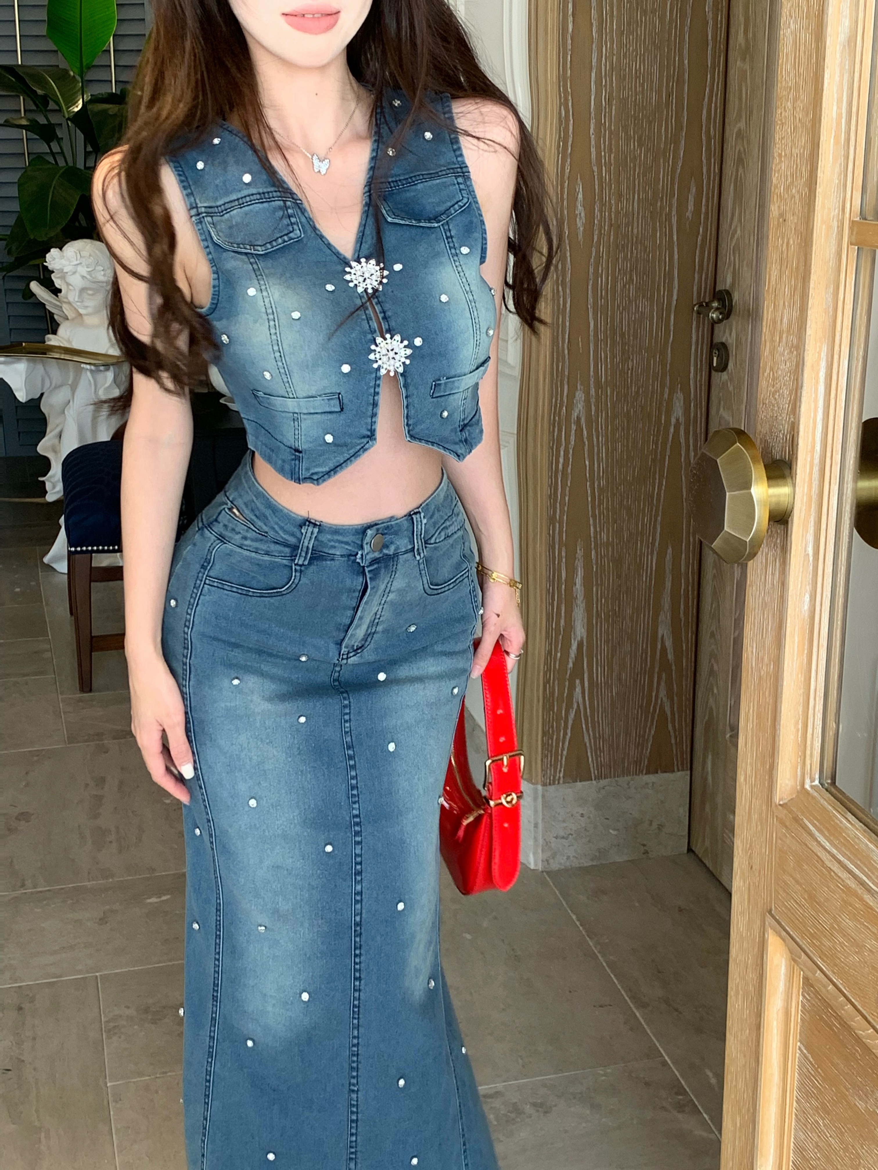 Real shot!  Temperament high-end denim vest fishtail skirt suit two-piece women's clothing