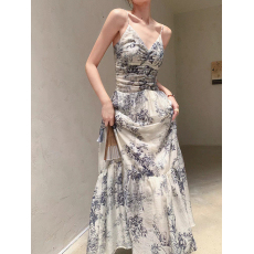 批发无袖吊带<b class='q'>连衣裙</b>女2026夏季新款设计感水墨画收腰显瘦长裙