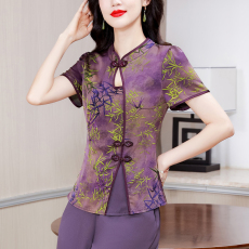 批发拍花罗香云纱真丝上衣女新款夏季桑蚕丝短袖贵妇<b class='q'>品牌女装</b>