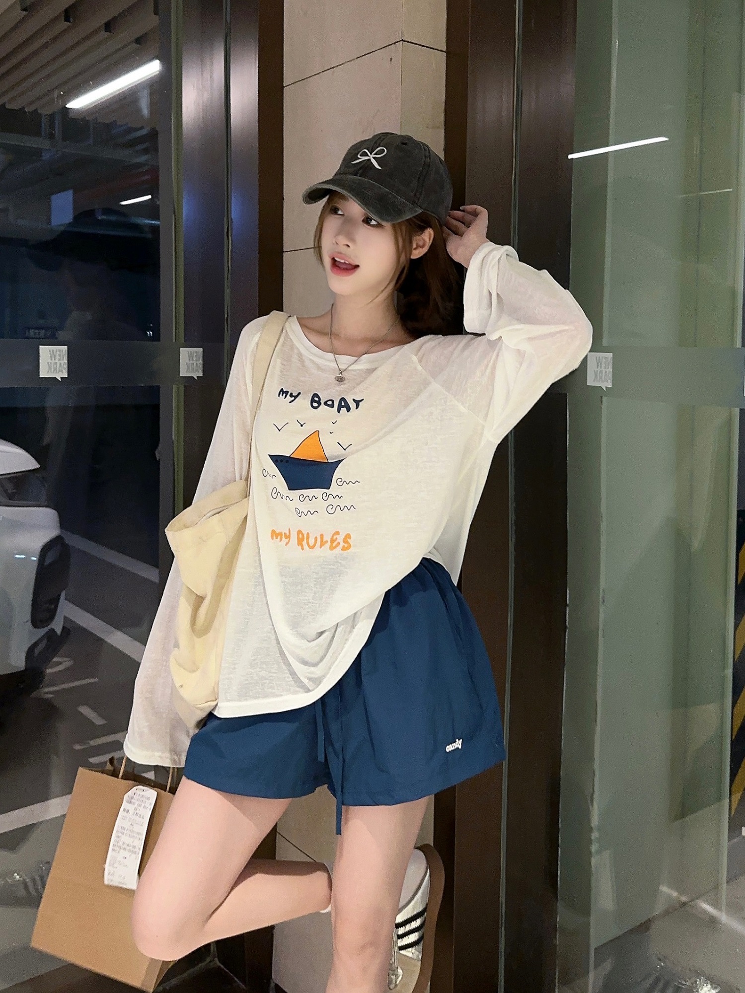 실사 정가 느슨함 센스 프린트 긴팔 자외선 차단 티셔츠 허리밴드 캐주얼 반바지 루즈핏 넓은 다리 핫 바지
