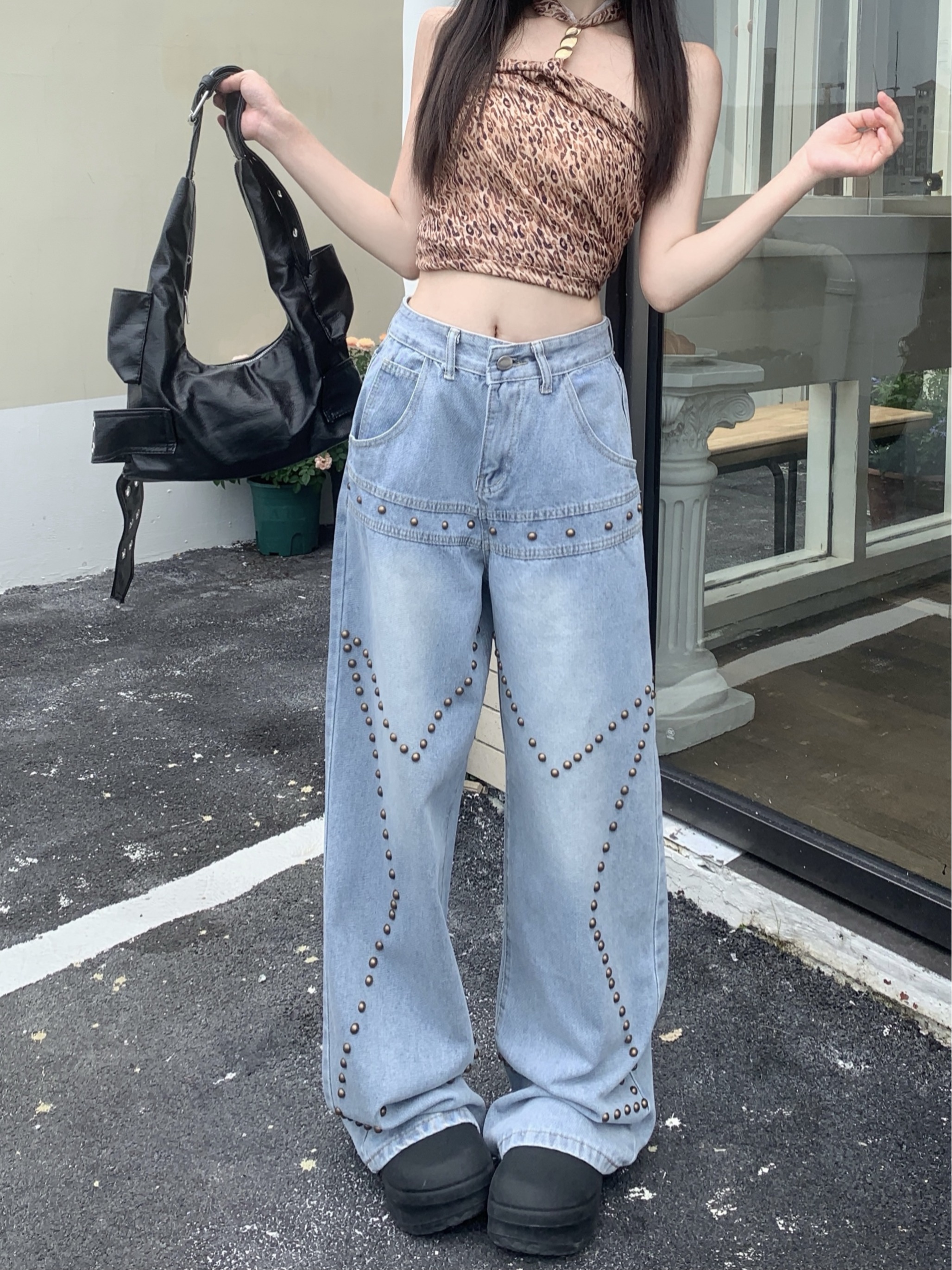 Real shot ~ high street vibe retro washed distressed jeans women's straight design wide leg pants