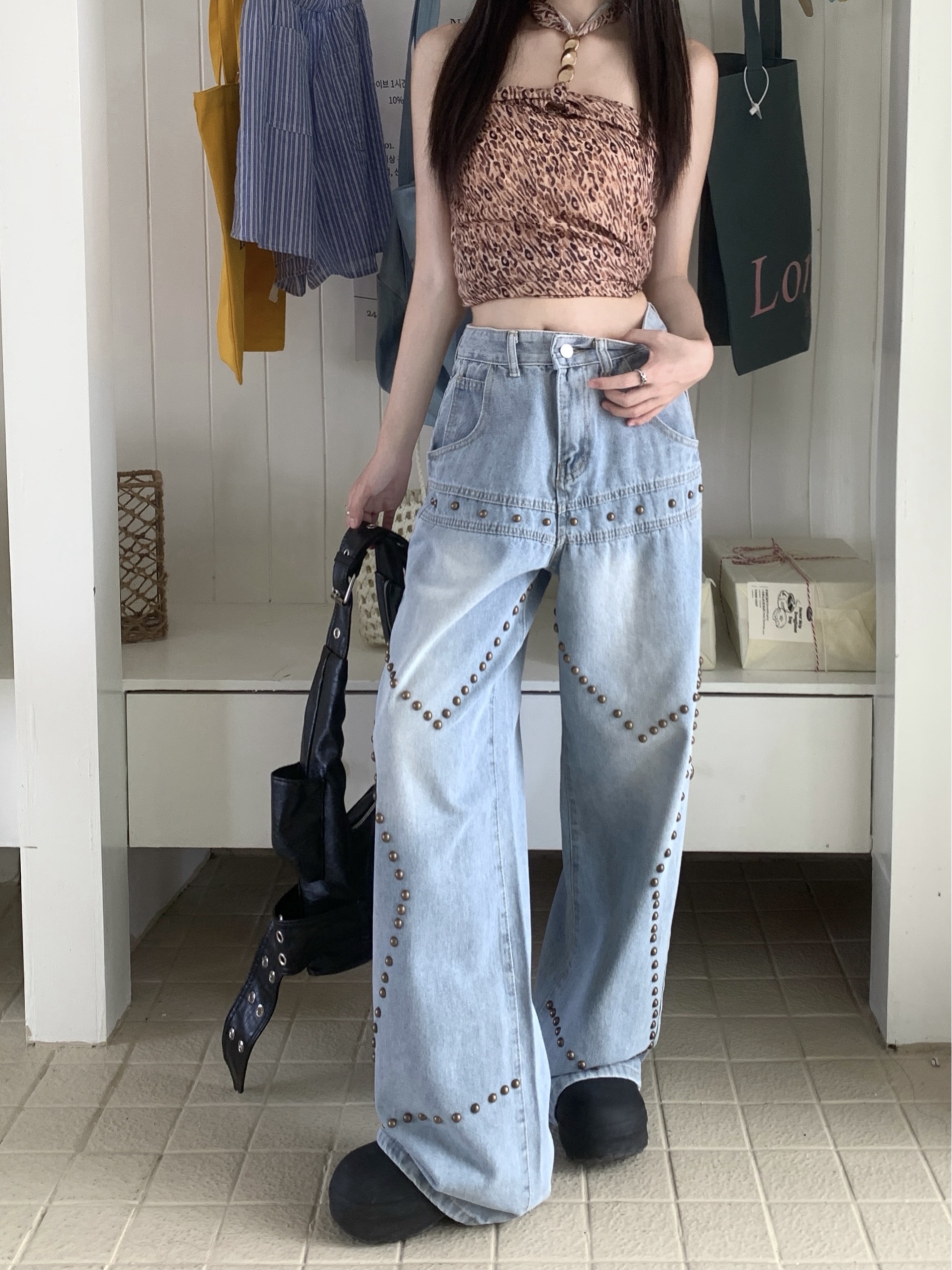 Real shot ~ high street vibe retro washed distressed jeans women's straight design wide leg pants