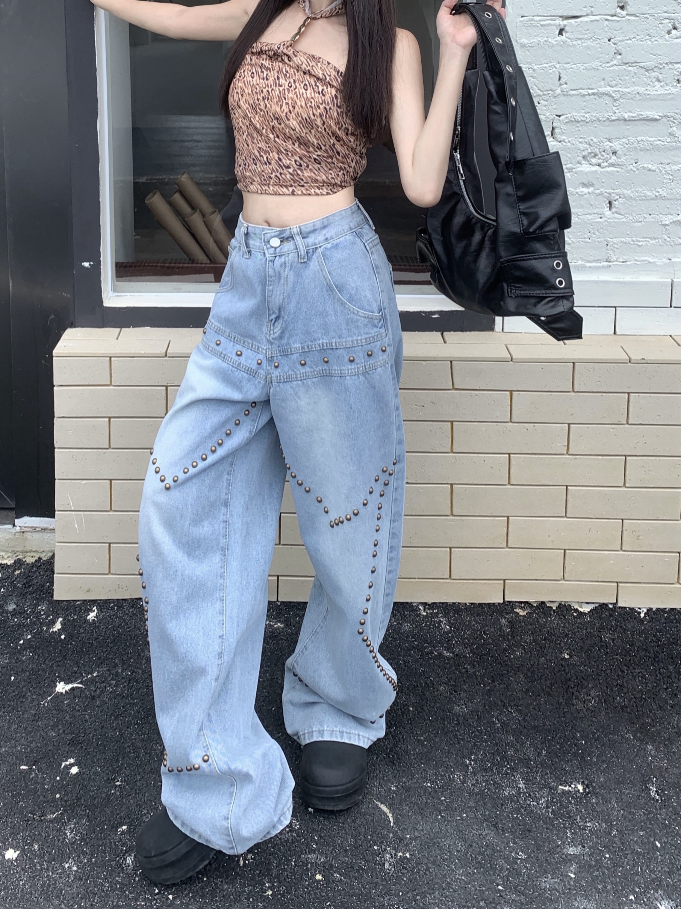 Real shot ~ high street vibe retro washed distressed jeans women's straight design wide leg pants