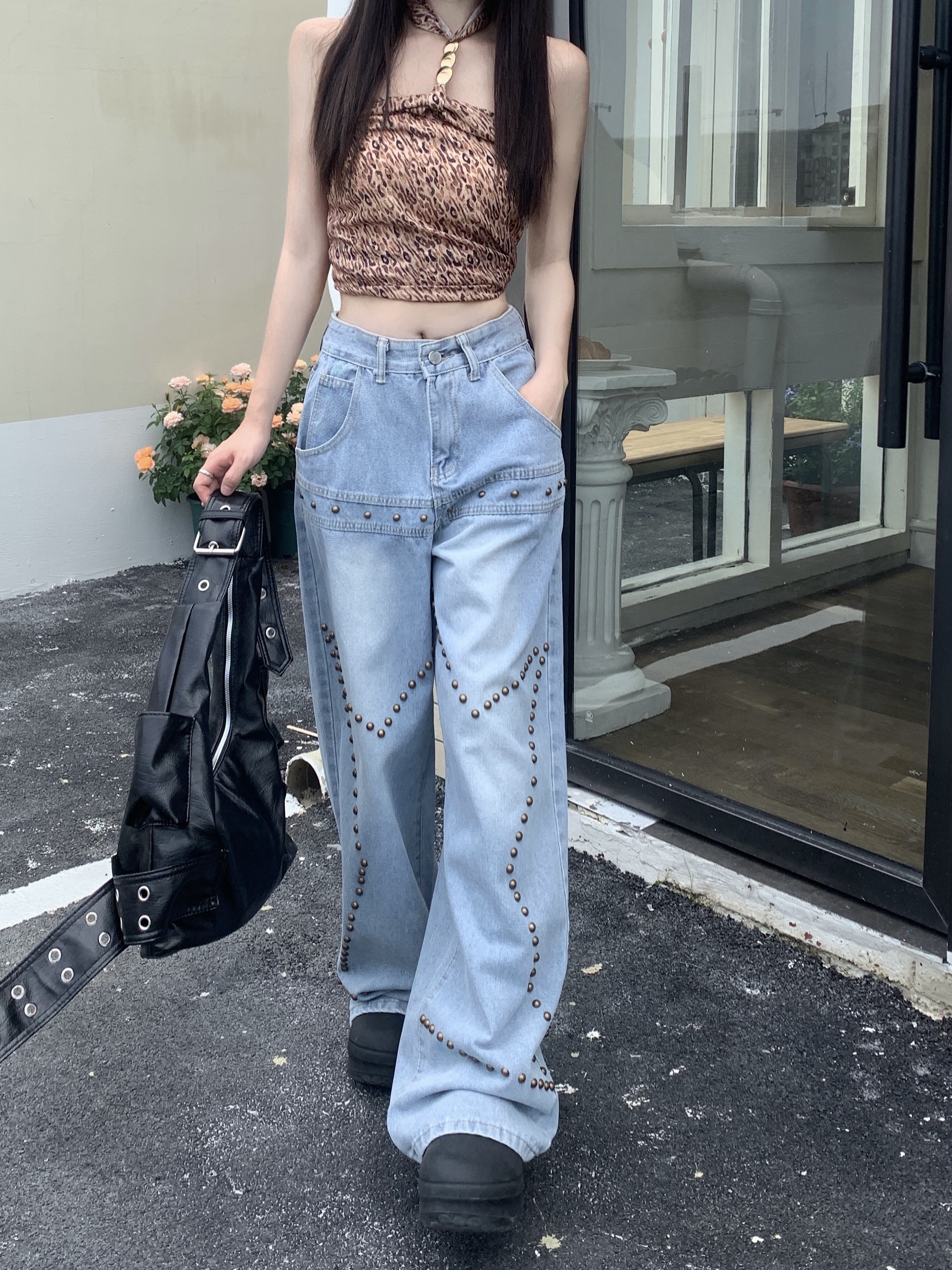 Real shot ~ high street vibe retro washed distressed jeans women's straight design wide leg pants