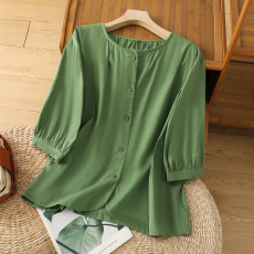 批发2026苎麻衬衫女气质单排扣圆领外搭文艺开衫上衣外套