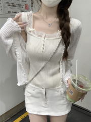 實拍 夏季韓版修身方領蕾絲拼接紐扣蝴蝶結6羊毛針織背心上衣