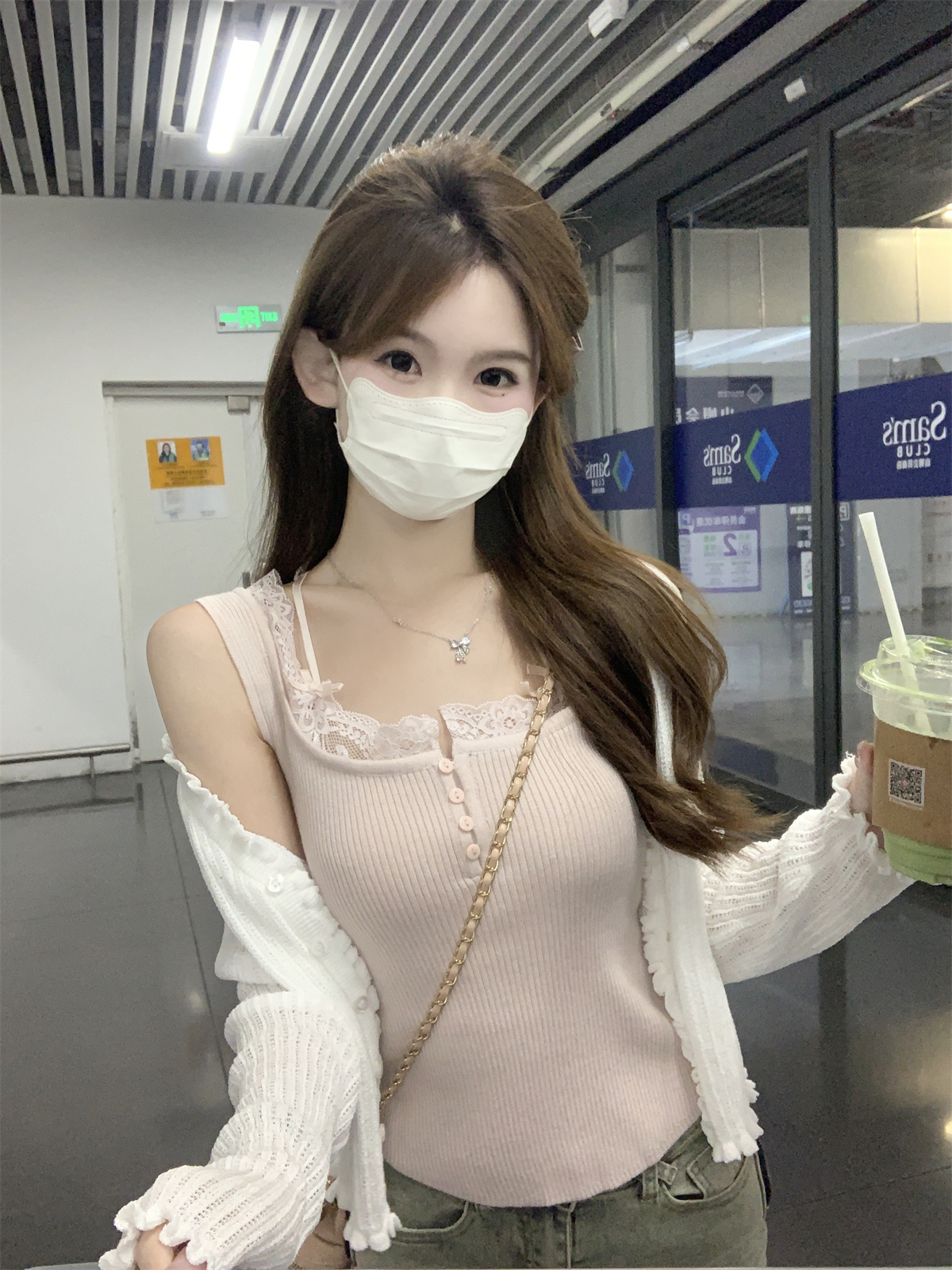 實拍 夏季韓版甜美方領蕾絲拼接紐扣蝴蝶結設計針織背心上衣